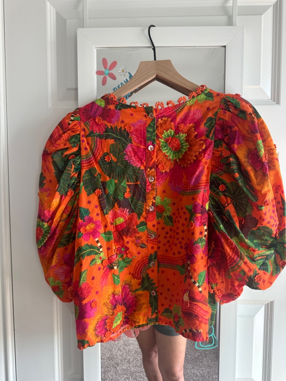 Farm Rio Blooming Garden Puff-Sleeve Top in Orange M - Picture 3 of 11